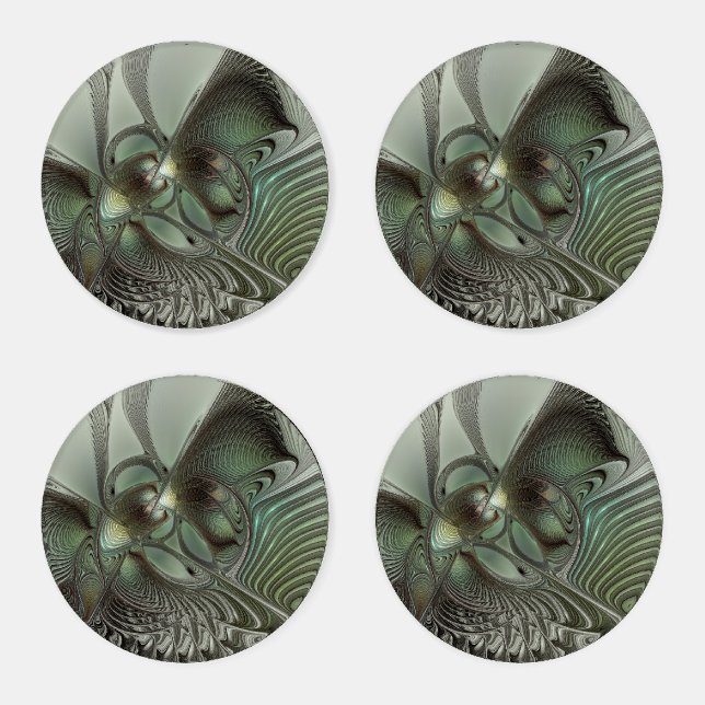 Abstract Olive Sage Green Gray Fractal Art Fantasy Coaster Set (Set)