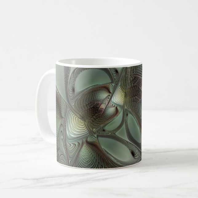 Abstract Olive Sage Green Gray Fractal Art Fantasy Coffee Mug (Front Left)