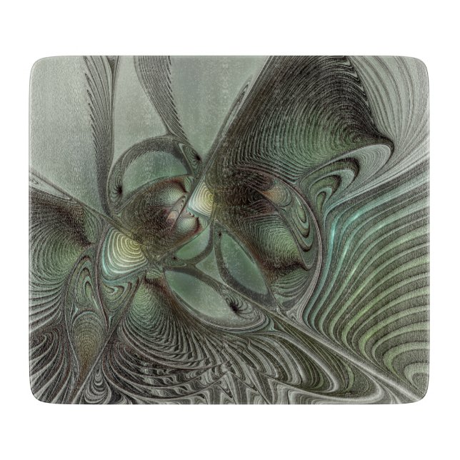 Abstract Olive Sage Green Gray Fractal Art Fantasy Cutting Board (Front)