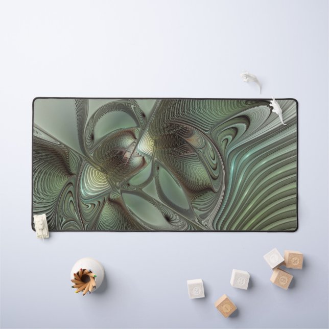 Abstract Olive Sage Green Gray Fractal Art Fantasy Desk Mat (Kids Table)