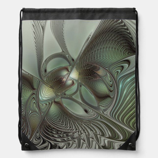 Abstract Olive Sage Green Gray Fractal Art Fantasy Drawstring Bag (Front)