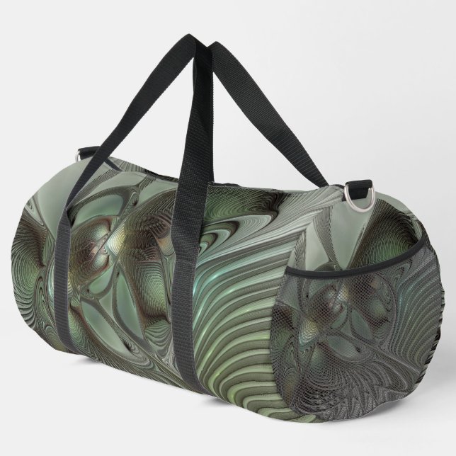 Abstract Olive Sage Green Gray Fractal Art Fantasy Duffle Bag (Right Corner)