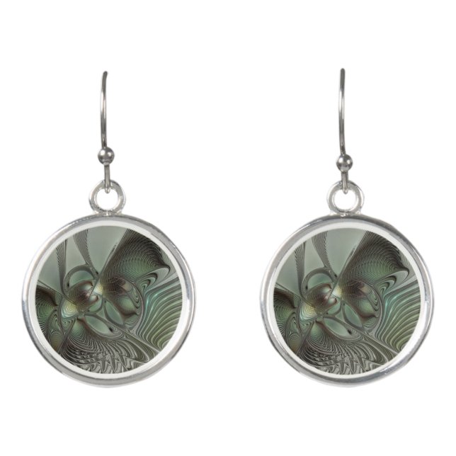 Abstract Olive Sage Green Gray Fractal Art Fantasy Earrings (Front)