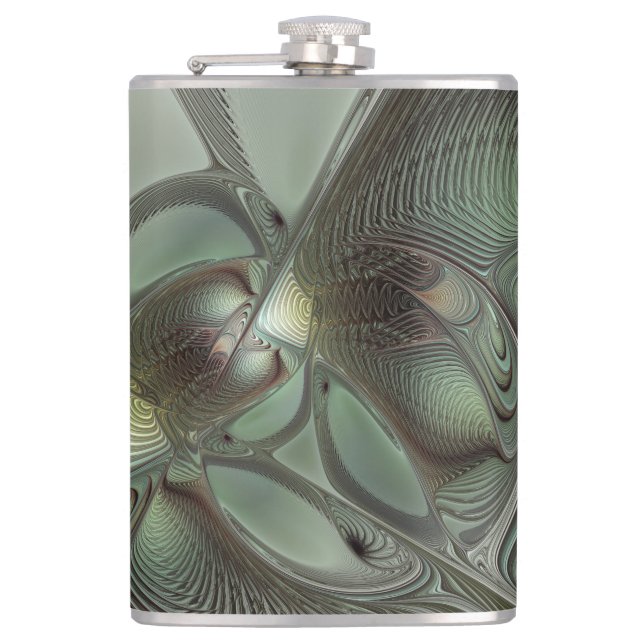 Abstract Olive Sage Green Gray Fractal Art Fantasy Flask (Front)