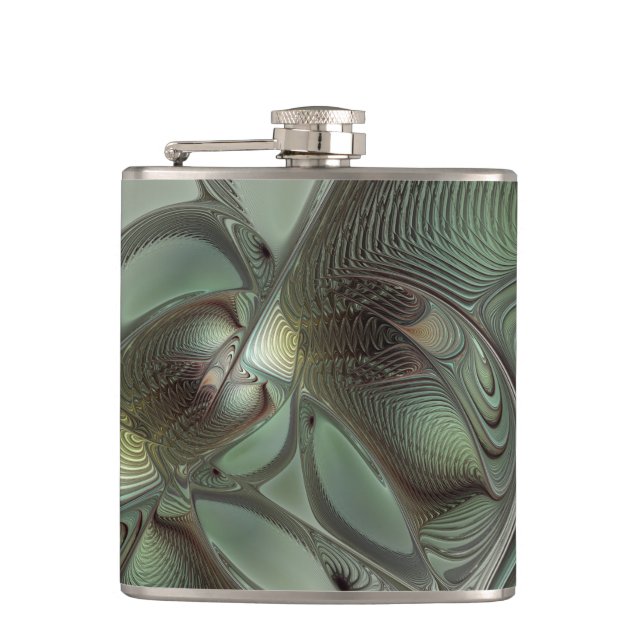Abstract Olive Sage Green Gray Fractal Art Fantasy Flask (Front)