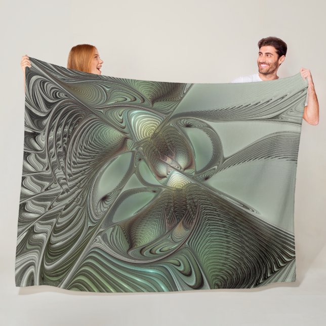 Abstract Olive Sage Green Gray Fractal Art Fantasy Fleece Blanket (In Situ)