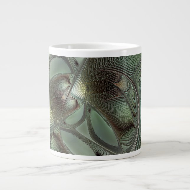 Abstract Olive Sage Green Gray Fractal Art Fantasy Giant Coffee Mug (Front)