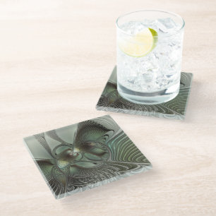 Abstract Olive Sage Green Gray Fractal Art Fantasy Glass Coaster