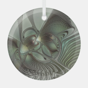 Abstract Olive Sage Green Gray Fractal Art Fantasy Glass Ornament