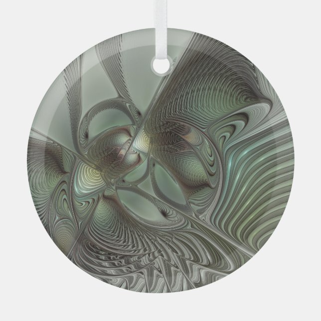 Abstract Olive Sage Green Gray Fractal Art Fantasy Glass Ornament (Front)
