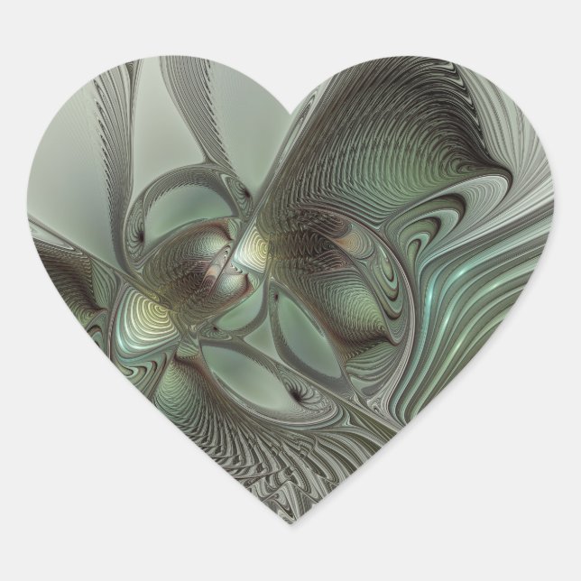 Abstract Olive Sage Green Gray Fractal Art Fantasy Heart Sticker (Front)