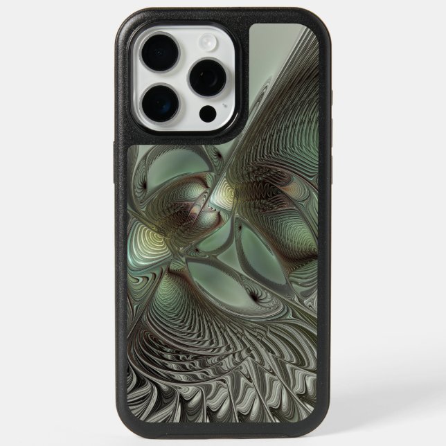 Abstract Olive Sage Green Gray Fractal Art Fantasy iPhone 15 Pro Max Case (Back)
