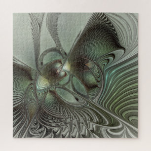 Abstract Olive Sage Green Gray Fractal Art Fantasy Jigsaw Puzzle