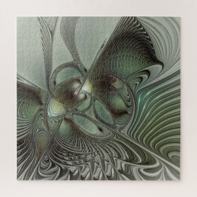 Abstract Olive Sage Green Gray Fractal Art Fantasy Jigsaw Puzzle (Vertical)