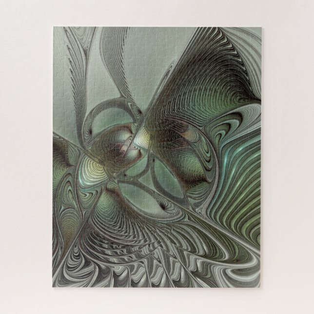 Abstract Olive Sage Green Gray Fractal Art Fantasy Jigsaw Puzzle (Vertical)