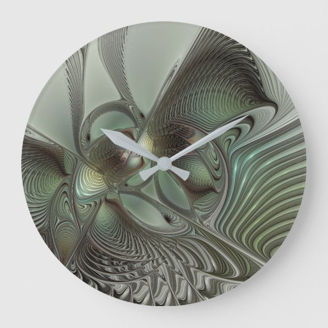Abstract Olive Sage Green Gray Fractal Art Fantasy Large Clock (Front)