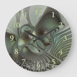 Abstract Olive Sage Green Gray Fractal Art Fantasy Large Clock