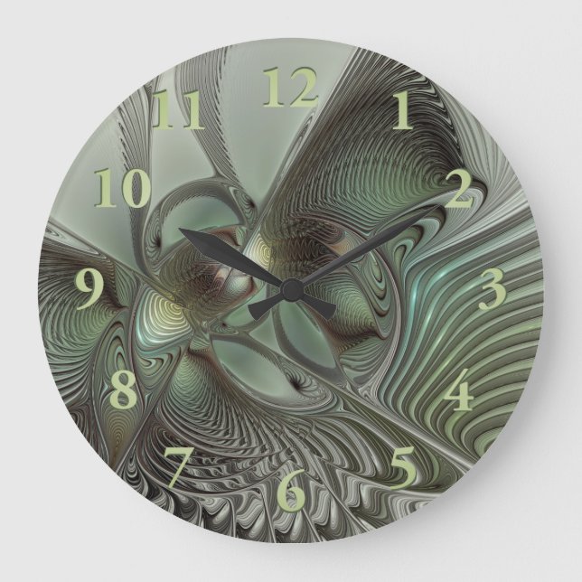 Abstract Olive Sage Green Gray Fractal Art Fantasy Large Clock (Front)
