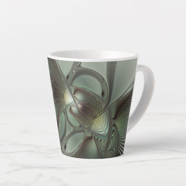 Abstract Olive Sage Green Gray Fractal Art Fantasy Latte Mug (Right Angle)