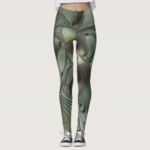 Abstract Olive Sage Green Gray Fractal Art Fantasy Leggings