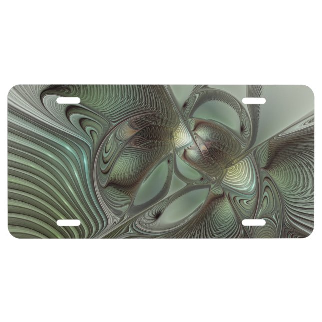 Abstract Olive Sage Green Gray Fractal Art Fantasy License Plate (Front)