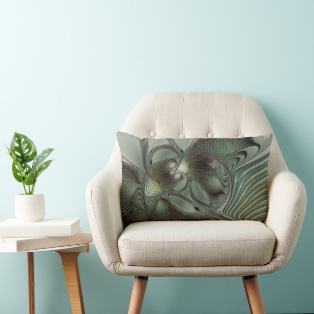 Abstract Olive Sage Green Gray Fractal Art Fantasy Lumbar Pillow (Chair)