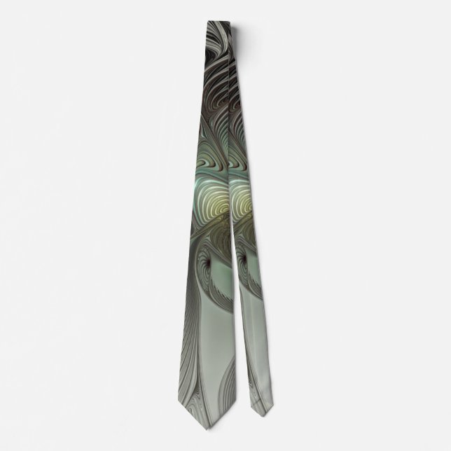 Abstract Olive Sage Green Gray Fractal Art Fantasy Neck Tie (Front)