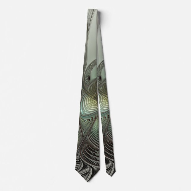 Abstract Olive Sage Green Gray Fractal Art Fantasy Neck Tie (Front)