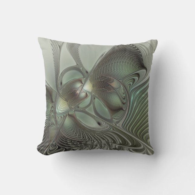 Abstract Olive Sage Green Gray Fractal Art Fantasy Outdoor Pillow (Front)