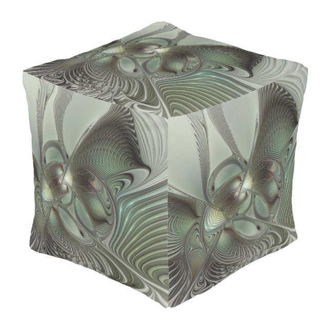 Abstract Olive Sage Green Gray Fractal Art Fantasy Outdoor Pouf (Angled Front)