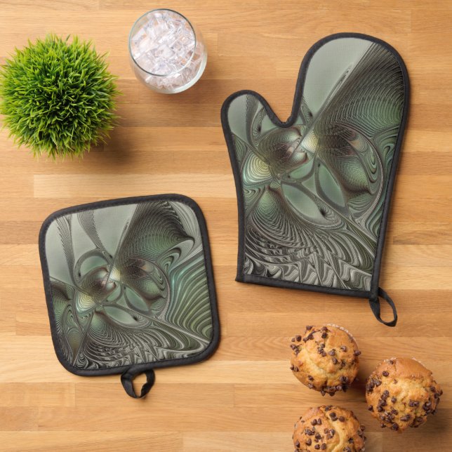 Abstract Olive Sage Green Gray Fractal Art Fantasy Oven Mitt & Pot Holder Set (Top Down)