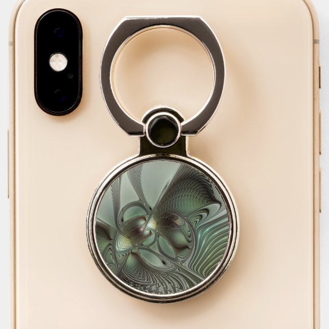 Abstract Olive Sage Green Gray Fractal Art Fantasy Phone Ring Stand (Close Up)