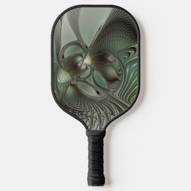 Abstract Olive Sage Green Gray Fractal Art Fantasy Pickleball Paddle (Front)