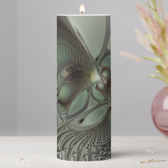 Abstract Olive Sage Green Gray Fractal Art Fantasy Pillar Candle (In Situ)