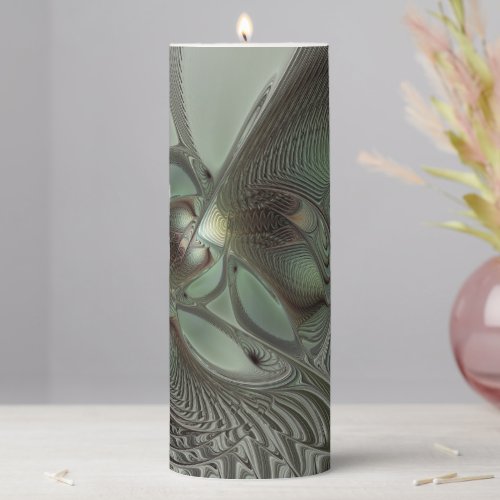 Abstract Olive Sage Green Gray Fractal Art Fantasy Pillar Candle