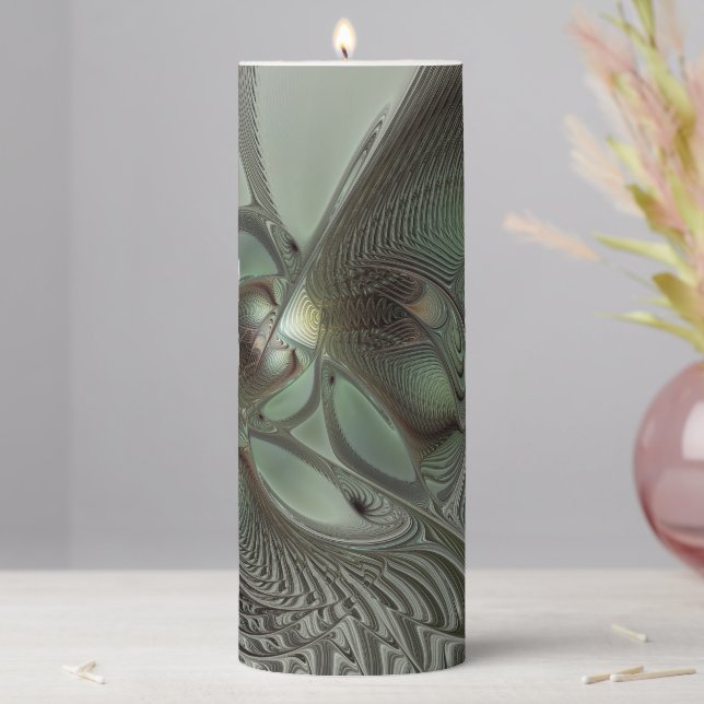 Abstract Olive Sage Green Gray Fractal Art Fantasy Pillar Candle (In Situ)