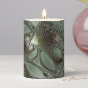 Abstract Olive Sage Green Gray Fractal Art Fantasy Pillar Candle