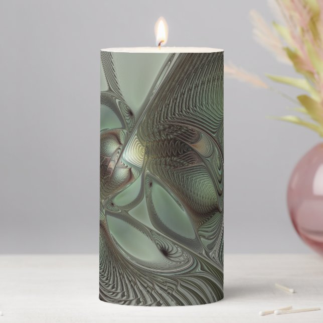 Abstract Olive Sage Green Gray Fractal Art Fantasy Pillar Candle (In Situ)