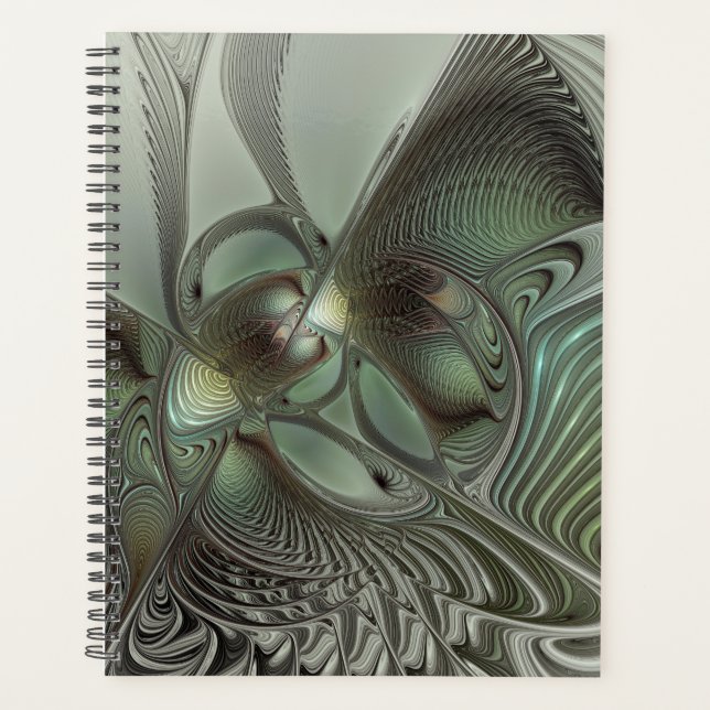 Abstract Olive Sage Green Gray Fractal Art Fantasy Planner (Front)