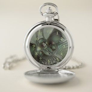 Abstract Olive Sage Green Gray Fractal Art Fantasy Pocket Watch