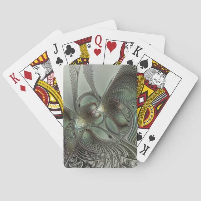 Abstract Olive Sage Green Gray Fractal Art Fantasy Poker Cards (Back)