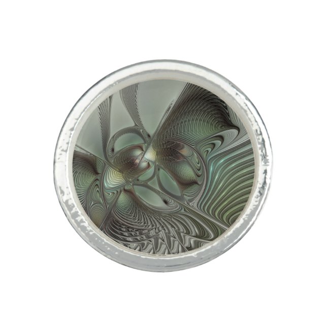 Abstract Olive Sage Green Gray Fractal Art Fantasy Ring (Front)