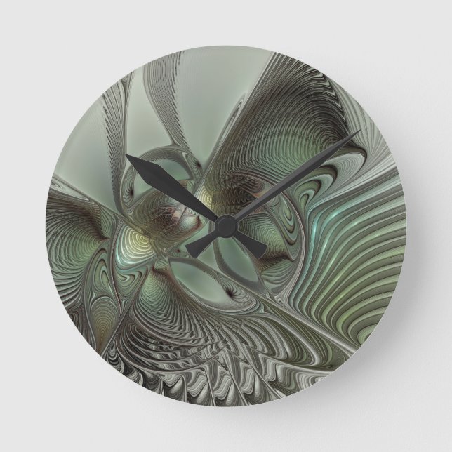 Abstract Olive Sage Green Gray Fractal Art Fantasy Round Clock (Front)