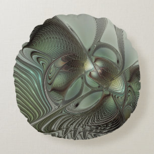 Abstract Olive Sage Green Gray Fractal Art Fantasy Round Pillow