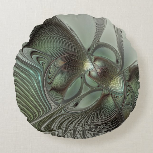 Abstract Olive Sage Green Gray Fractal Art Fantasy Round Pillow (Front)