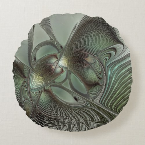 Abstract Olive Sage Green Gray Fractal Art Fantasy Round Pillow