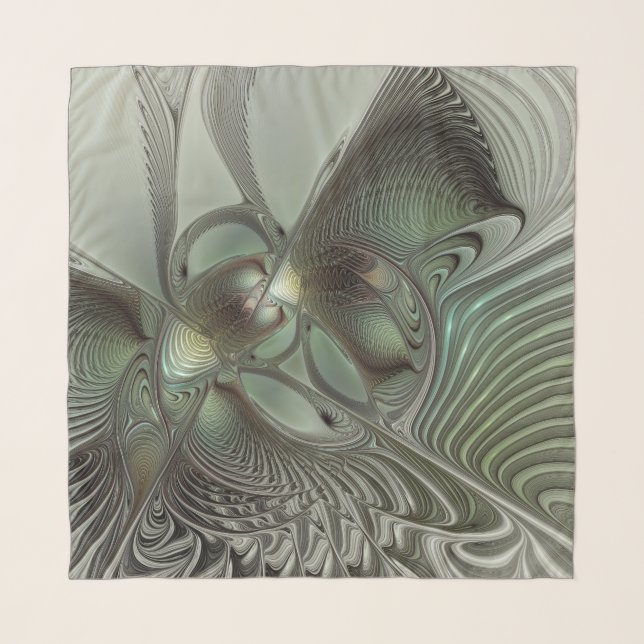 Abstract Olive Sage Green Gray Fractal Art Fantasy Scarf (Front)