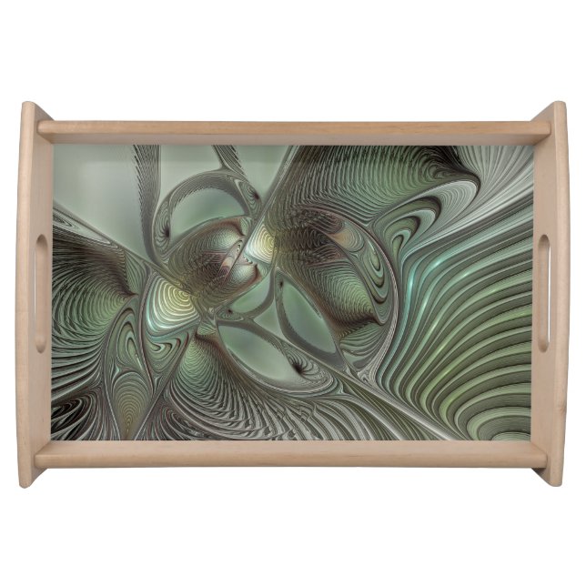 Abstract Olive Sage Green Gray Fractal Art Fantasy Serving Tray (Front)