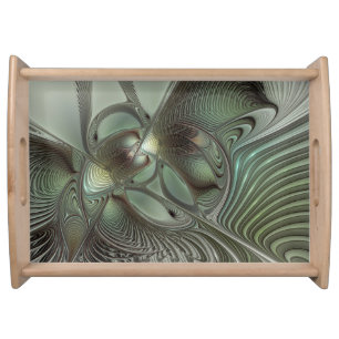 Abstract Olive Sage Green Gray Fractal Art Fantasy Serving Tray