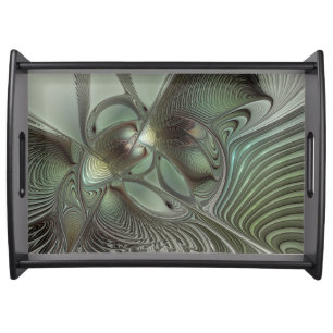 Abstract Olive Sage Green Gray Fractal Art Fantasy Serving Tray